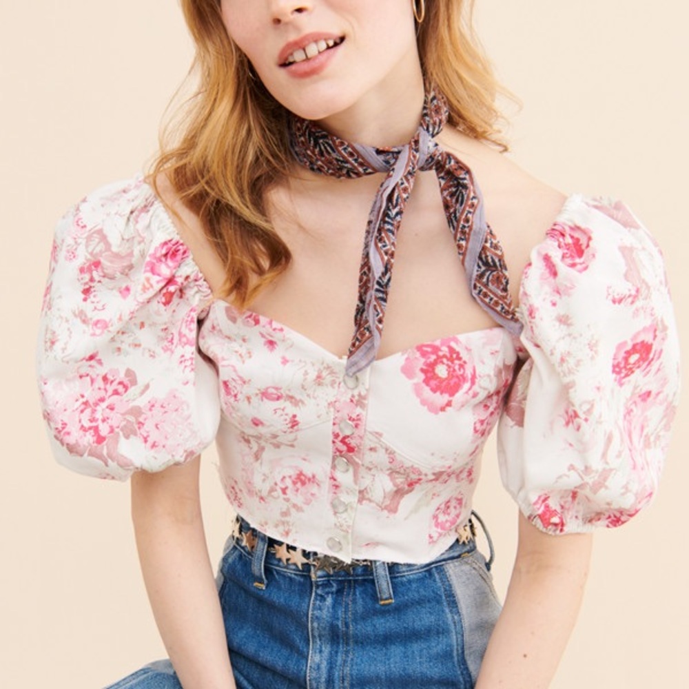 For Love And Lemons Pink Floral Puff Sleeve Top